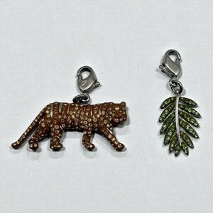 Swarovski Signed Swan Crystal Tiger & Leaf Charm Set